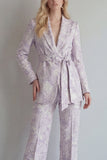 Lilac Floral Single Breasted 2 Piece Peak Lapel Wide Leg Prom Suits with Belt