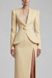 Green 2 Piece Single Breasted Shawl Lapel Wide Leg Business Suits with Slit
