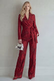 Red Lace Peak Lapel Floral 2 Piece Slim Fit Prom Suits with Belt