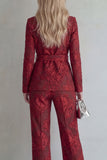 Red Lace Peak Lapel Floral 2 Piece Slim Fit Prom Suits with Belt