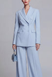Blue 2 Piece Wide Leg Double Breasted Peak Lapel Prom Suits