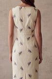 Ivory Purple Flowers Bodycon Bateau Neck Midi Work Dress with Slit