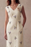 Ivory Purple Flowers Bodycon V-Neck Midi Work Dress with Slit