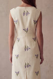 Ivory Purple Flowers Bodycon V-Neck Midi Work Dress with Slit
