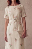 Sheath Ivory Purple Flowers Round Neck Midi Work Dress with Belt