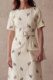 Sheath Ivory Purple Flowers Round Neck Midi Work Dress with Belt