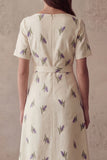 Sheath Ivory Purple Flowers Round Neck Midi Work Dress with Belt