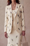 Ivory Purple Flowers 2 Piece One Button Peak Lapel Work Dress with Ruffles