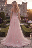 Blue A-Line Off the Shoulder Corset Tulle Long Prom Dress with Appliques