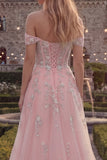 Blue A-Line Off the Shoulder Corset Tulle Long Prom Dress with Appliques