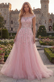 Sparkly Blue Off the Shoulder A-Line Corset Beaded Tulle Long Prom Dress with Appliques