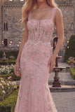 Sparkly Blue Mermaid Spaghetti Straps Appliqued Corset Long Prom Dress with Beading