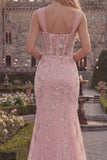 Sparkly Blue Mermaid Spaghetti Straps Appliqued Corset Long Prom Dress with Beading