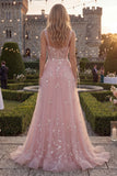 Sparkly Blue A-Line Spaghetti Straps Beaded Tulle Long Prom Dress with Appliques