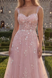 Sparkly Blue A-Line Spaghetti Straps Beaded Tulle Long Prom Dress with Appliques