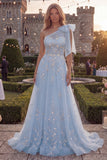 Sparkly Blue A-Line One Shoulder Bow Beaded Tulle Long Prom Dress with Appliques