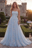Sparkly Blue A-Line Strapless Beaded Long Tulle Prom Dress with Appliques