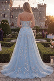 Sparkly Blue A-Line Strapless Beaded Long Tulle Prom Dress with Appliques