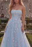 Sparkly Blue A-Line Strapless Beaded Long Tulle Prom Dress with Appliques