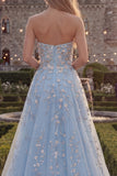 Sparkly Blue A-Line Strapless Beaded Long Tulle Prom Dress with Appliques