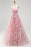 Sparkly Blush A-Line Strapless Beaded Long Tulle Prom Dress with Appliques