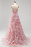 Sparkly Blush A-Line Strapless Beaded Long Tulle Prom Dress with Appliques