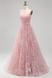 Sparkly Blush A-Line Strapless Beaded Long Tulle Prom Dress with Appliques