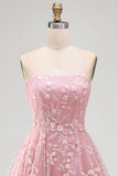 Sparkly Blush A-Line Strapless Beaded Long Tulle Prom Dress with Appliques