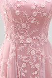 Sparkly Blush A-Line Strapless Beaded Long Tulle Prom Dress with Appliques