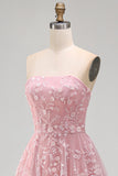 Sparkly Blush A-Line Strapless Beaded Long Tulle Prom Dress with Appliques