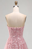 Sparkly Blush A-Line Strapless Beaded Long Tulle Prom Dress with Appliques