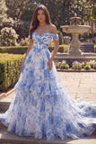 White Blue Flower Off the Shoulder A Line Long Prom Dress with Ruffles