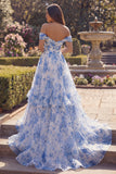White Blue Flower Off the Shoulder A Line Long Prom Dress with Ruffles