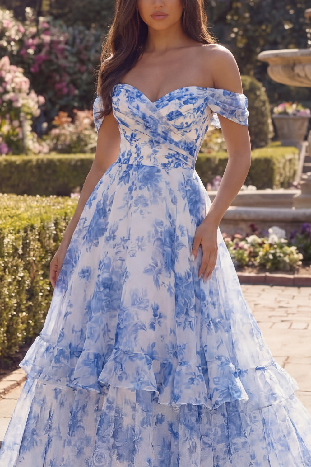 Zapaka Women White Blue Flower Long Prom Dress with Ruffles A Line Off