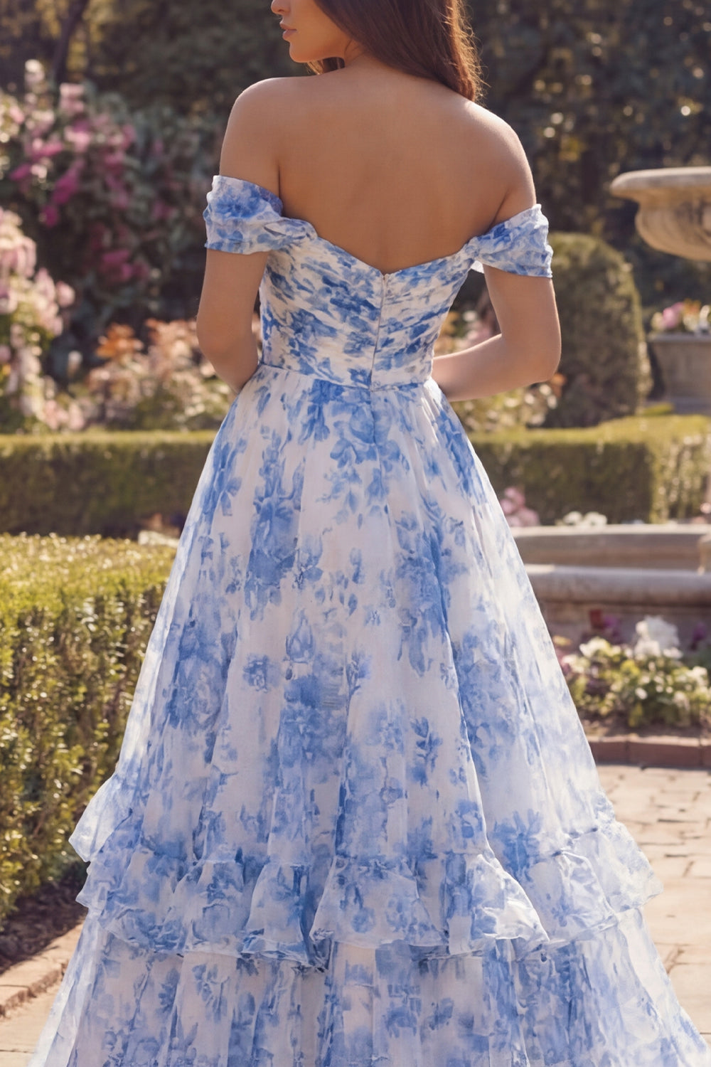 Zapaka Women White Blue Flower Long Prom Dress with Ruffles A Line Off