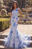 White Blue Flower Mermaid One Shoulder Long Prom Dress