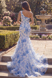 White Blue Flower Mermaid One Shoulder Long Prom Dress