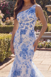 White Blue Flower Mermaid One Shoulder Long Prom Dress