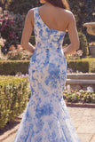 White Blue Flower Mermaid One Shoulder Long Prom Dress