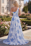 White Blue Flower One Shoulder Long Prom Dress with Slit