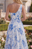 White Blue Flower One Shoulder Long Prom Dress with Slit