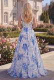 White Blue Flower Boat Neck A Line Long Prom Dress
