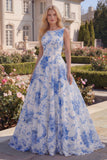 White Blue Flower Boat Neck A Line Long Prom Dress