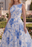White Blue Flower Boat Neck A Line Long Prom Dress