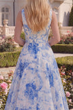 White Blue Flower Boat Neck A Line Long Prom Dress
