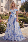 White Blue Flower Long Off the Shoulder A Line Prom Dress