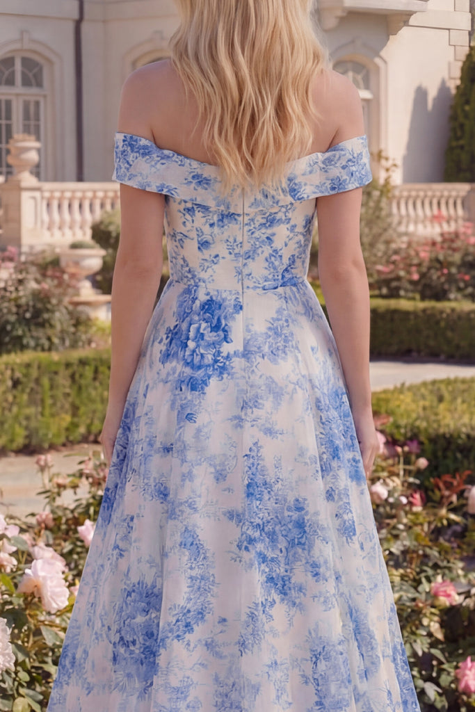 Zapaka Women White Blue Flower A Line Long Prom Dress Off the Shoulder