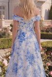 White Blue Flower Long Off the Shoulder A Line Prom Dress