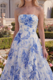 White Blue Flower Ruffled Strapless A Line Long Prom Dress