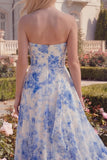 White Blue Flower Ruffled Strapless A Line Long Prom Dress